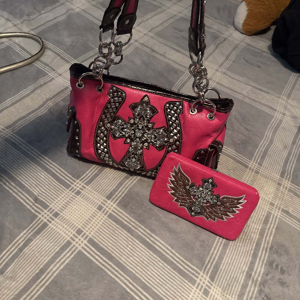 Heritage West Western Camouflage Cross Rhinestone Studded Hot Pink Purse